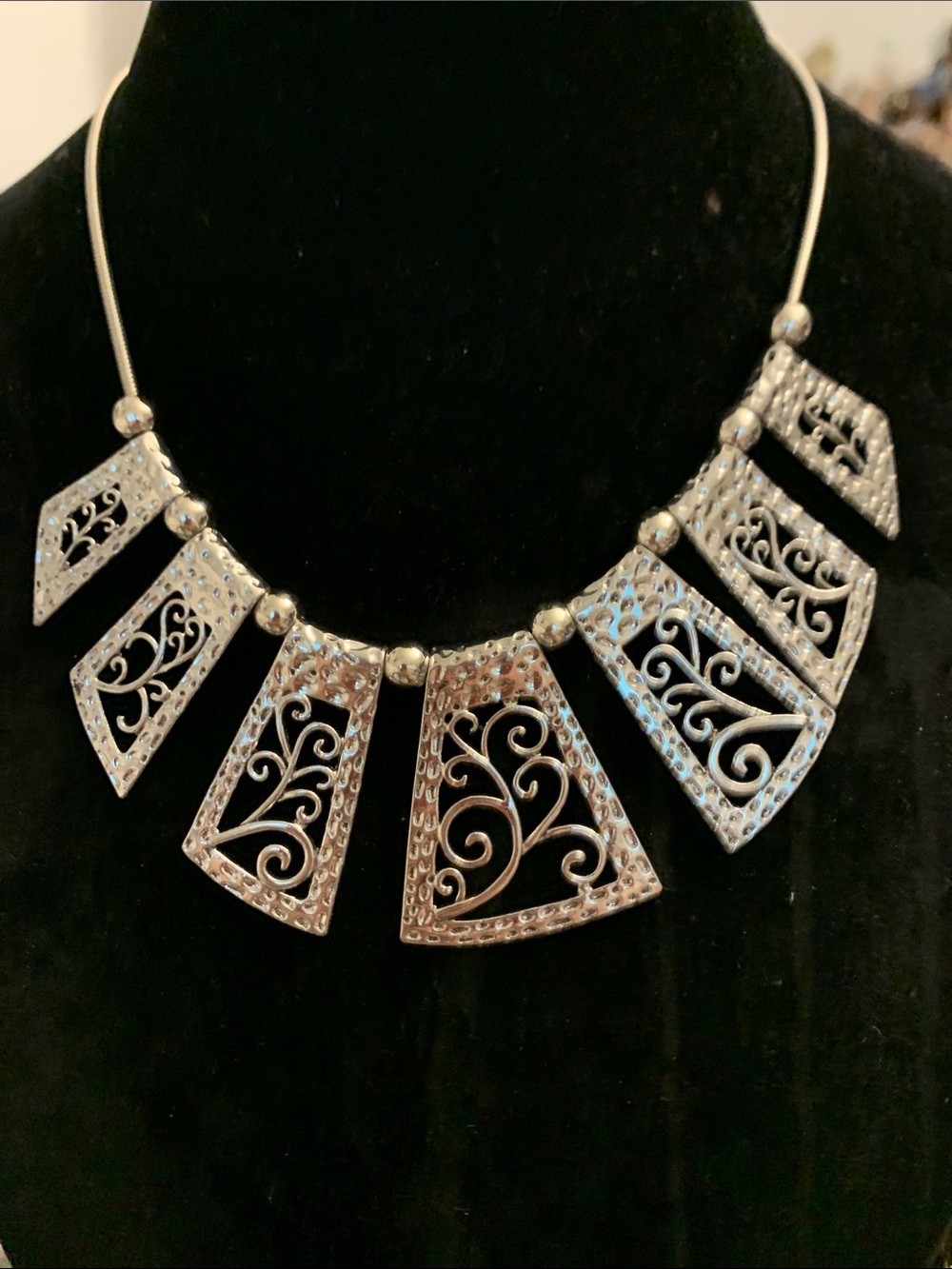 Silver Filigree Panel Statement Necklace - Women Jewelry